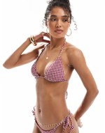 gingham check triangle bikini top in burgundy