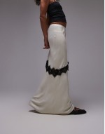 Satin bias maxi skirt with diagonal lace insert in champagne