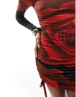 exclusive slinky off shoulder bodycon mini dress in black rose print