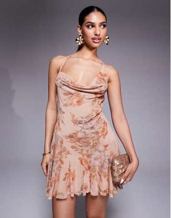mesh asymmetric cowl mini dress with pleated skirt in vintage floral print