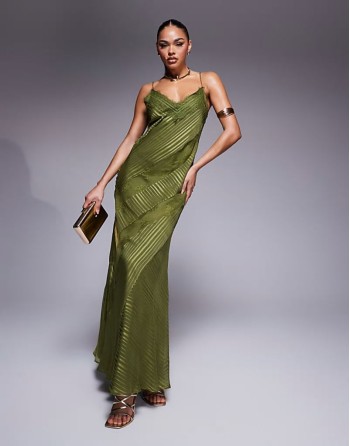 lace insert satin stripe panelled maxi dress in green