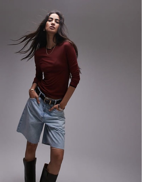 premium basic sheer crew neck long sve with contrast trim in burgundy
