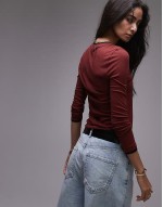 premium basic sheer crew neck long sve with contrast trim in burgundy