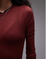 premium basic sheer crew neck long sve with contrast trim in burgundy