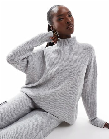 knit high neck jumper and trouser co-ord in light grey