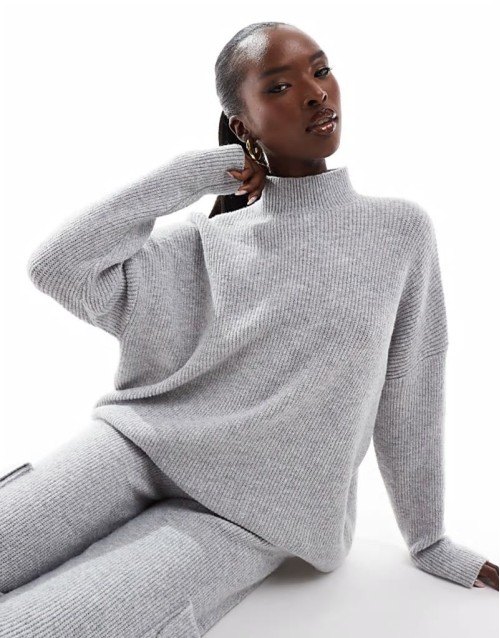 knit high neck jumper and trouser co-ord in light grey